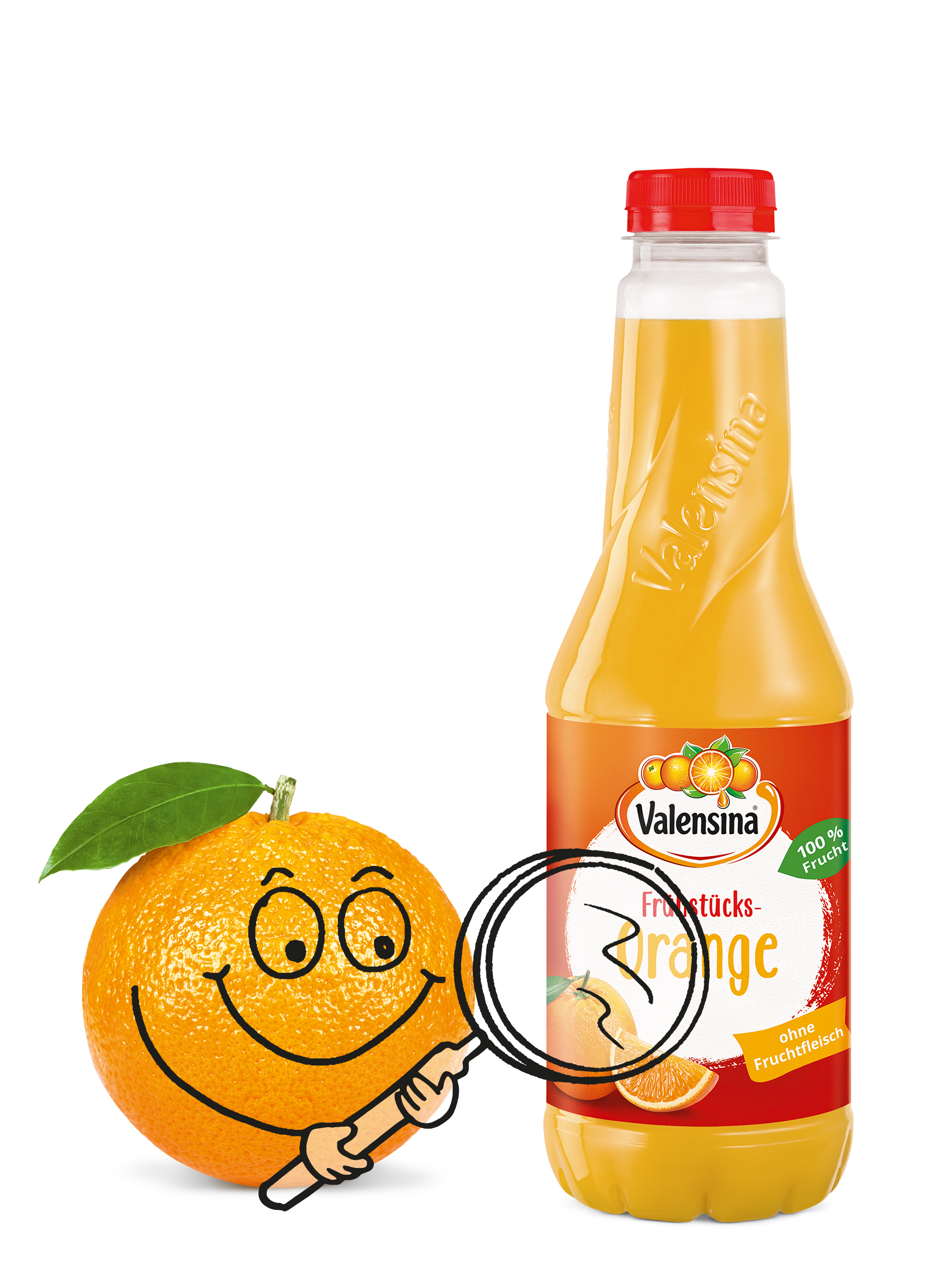 Valensinchen zeigt mit einer Lupe auf das Etikett einer Flasche