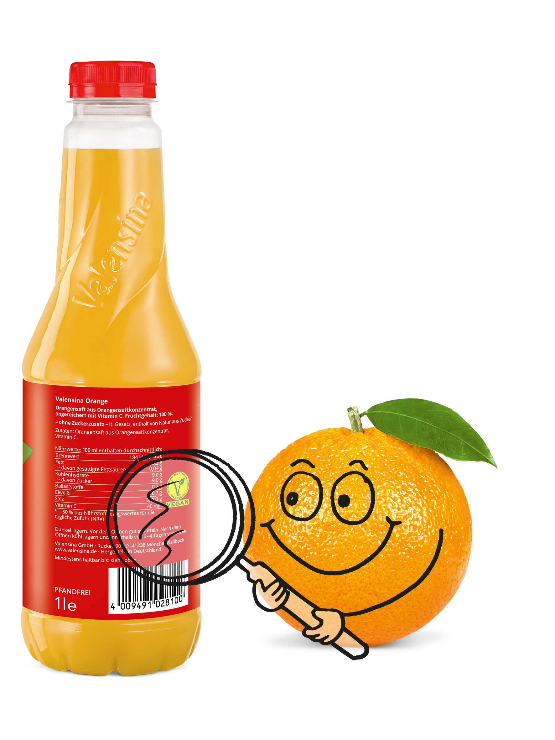 Valensinchen zeigt mit einer Lupe auf die Verkehrsbezeichnung einer Flasche